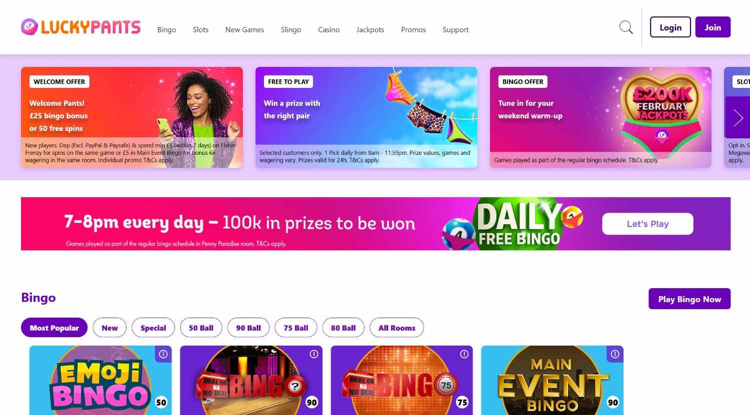 lucky pants bingo homepage