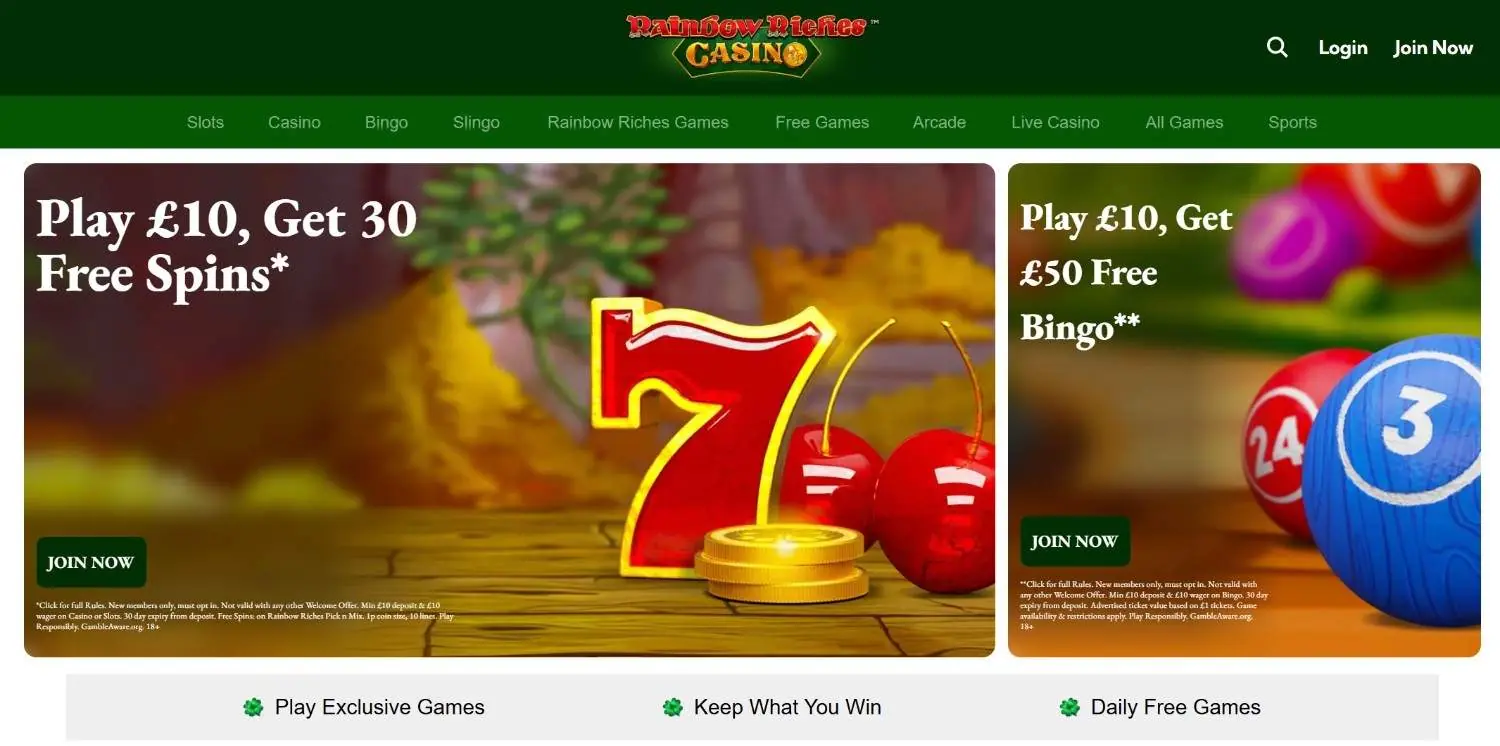 Rainbow Riches Casino homepage