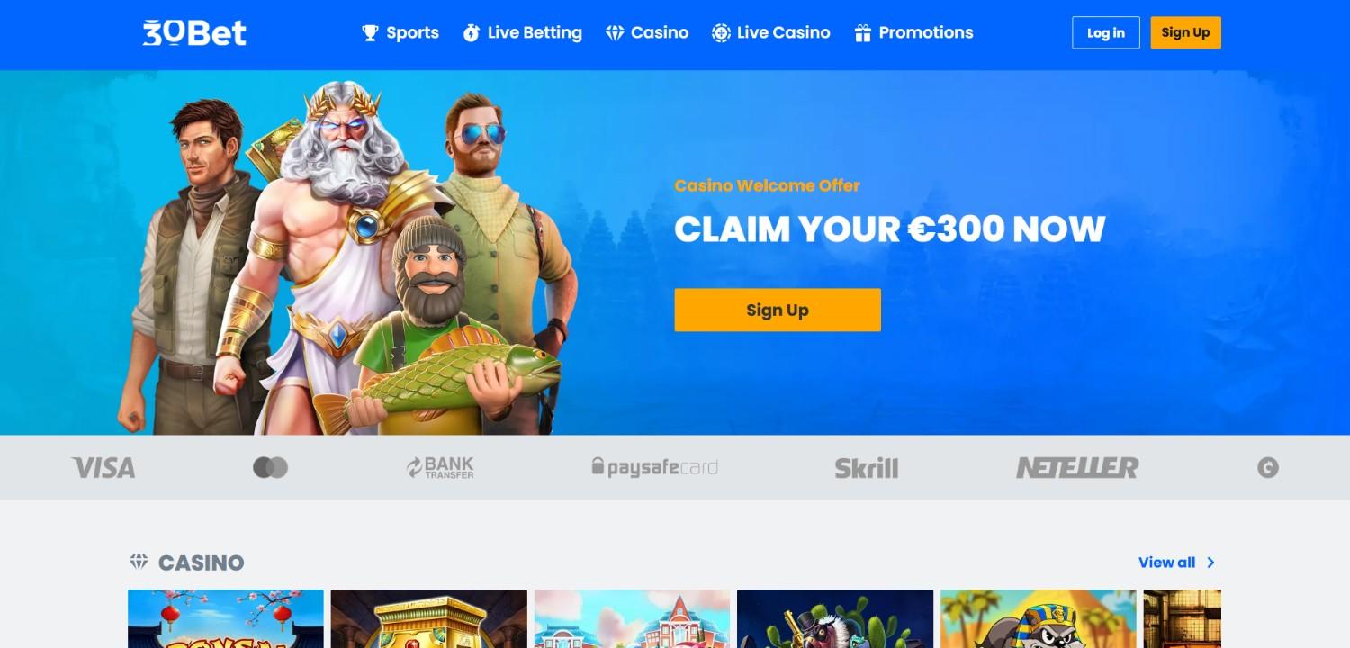 30Bet Casino Homepage