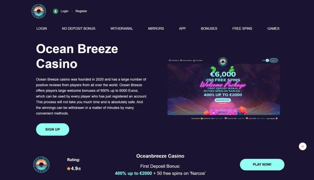 Ocean Breeze Casino homepage