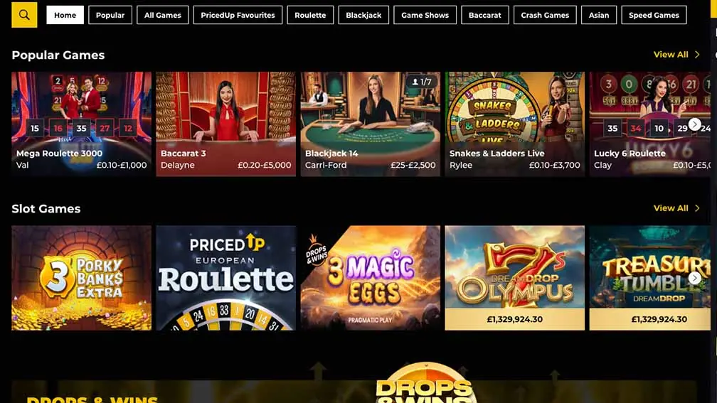 Pricedup Casino Homepage