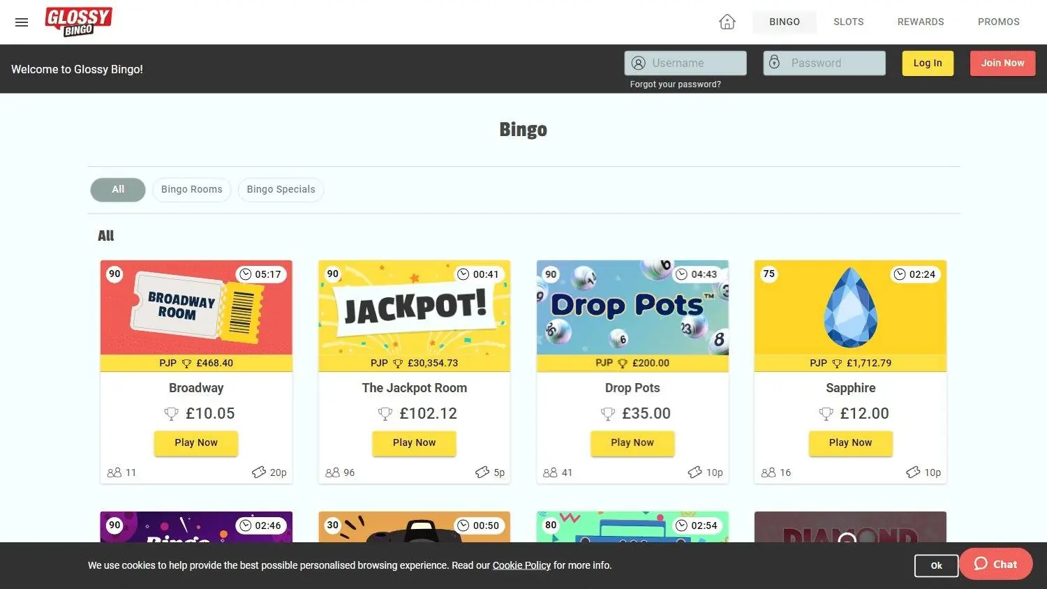 glossy bingo homepage