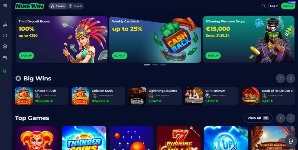 NineWin casino homepage screenshot