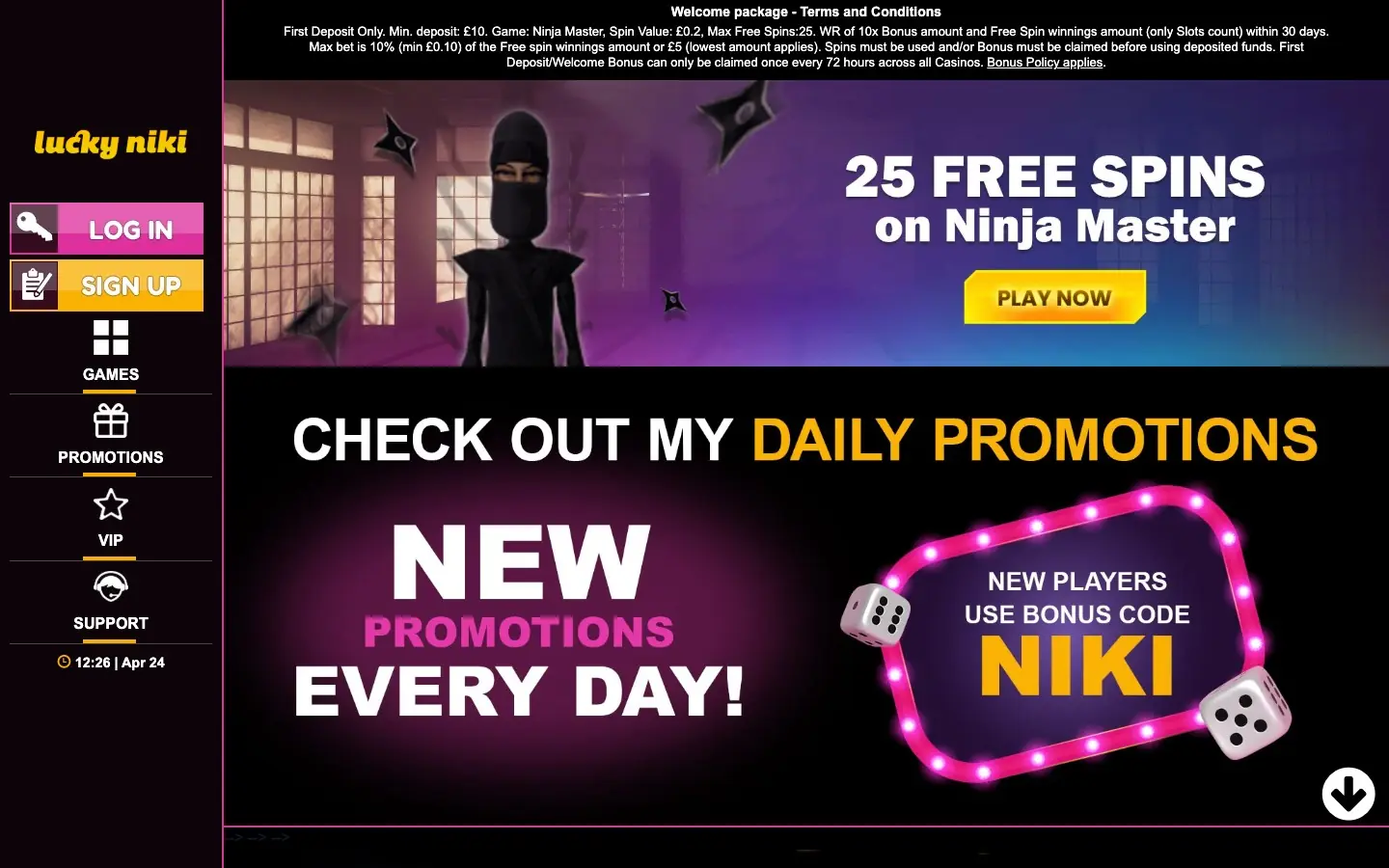 Lucky Niki Casino homepage screenshot