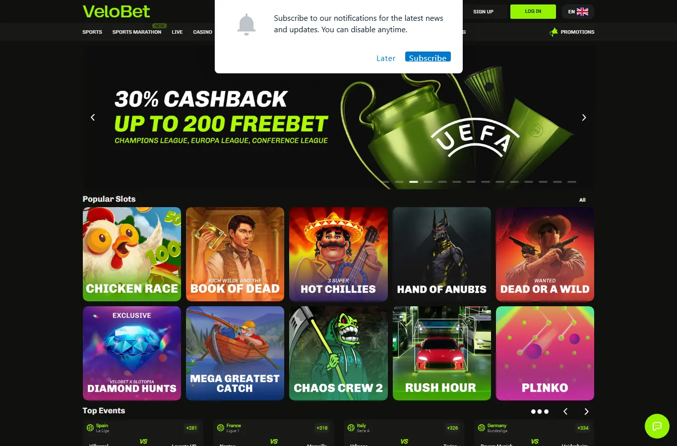 Velobet homepage screenshot