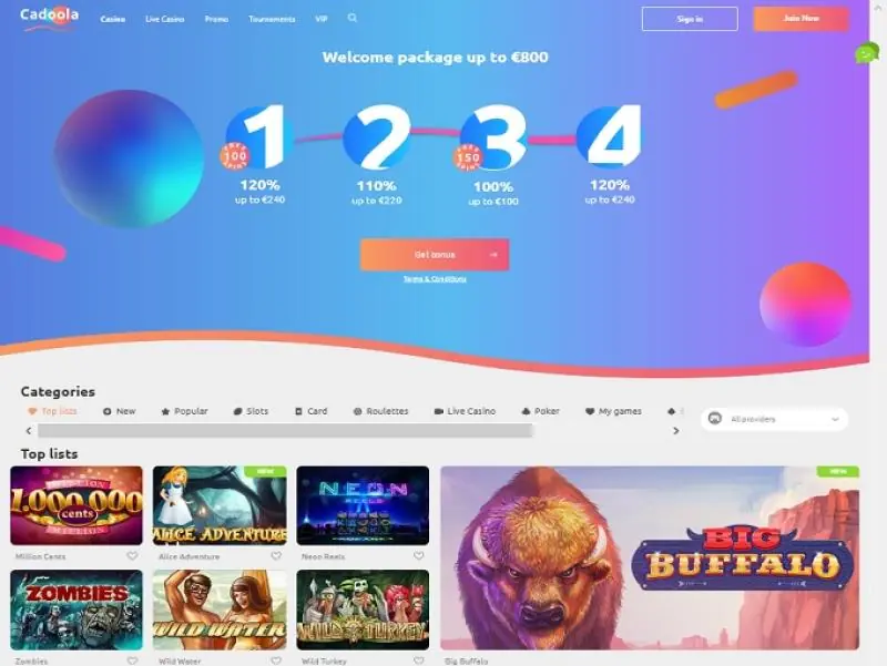 Cadoola Casino homepage