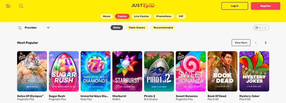 JustSpin homepage