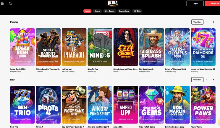 Ultra Casino homepage