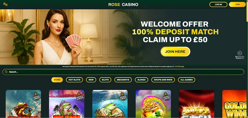 Rose Slots homepage screenshot