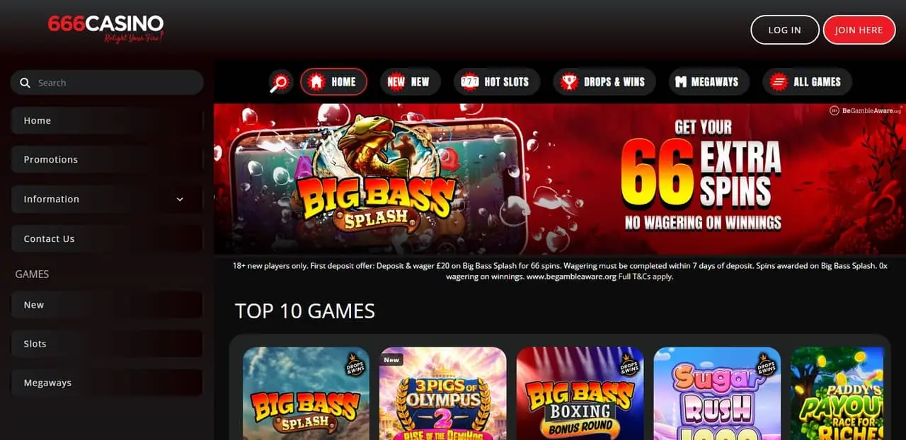 666 Casino homepage showing its 66 extra spins offer