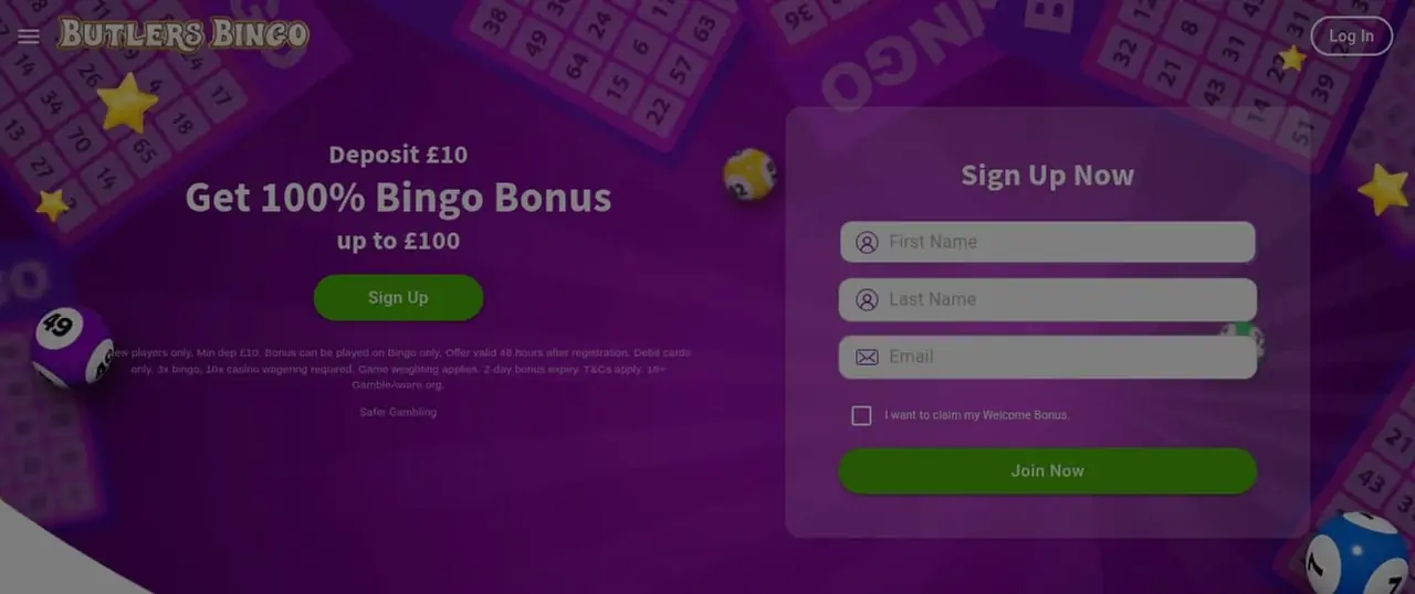 Butlers Bingo homepage showing its 100% bingo bonus welcome offer