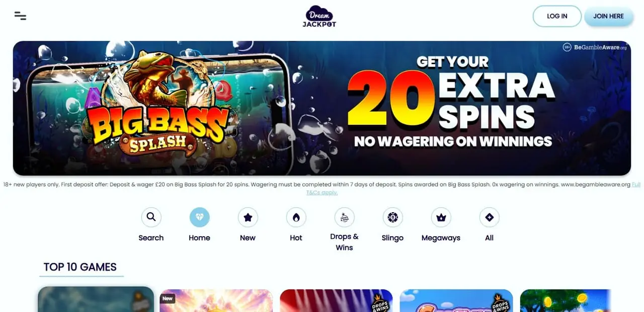 Dream Jackpot homepage showing its 20 extra spins offer