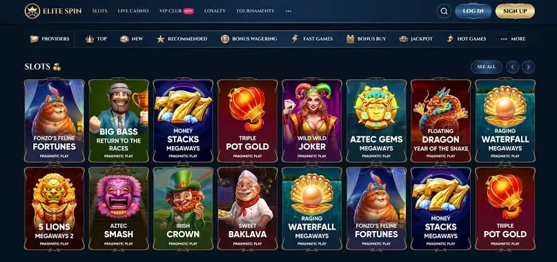 EliteSpin casino homepage showing slots lobby and navigation