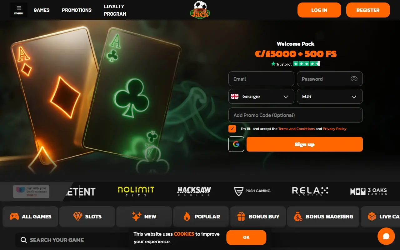 Hidden Jack casino homepage showing welcome pack and game providers