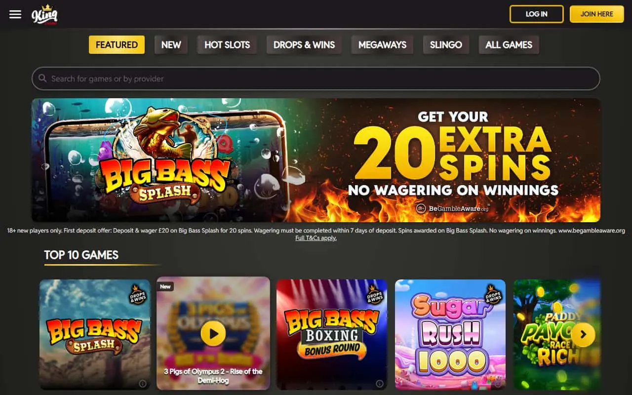King Casino UK homepage showing slots lobby and welcome offer