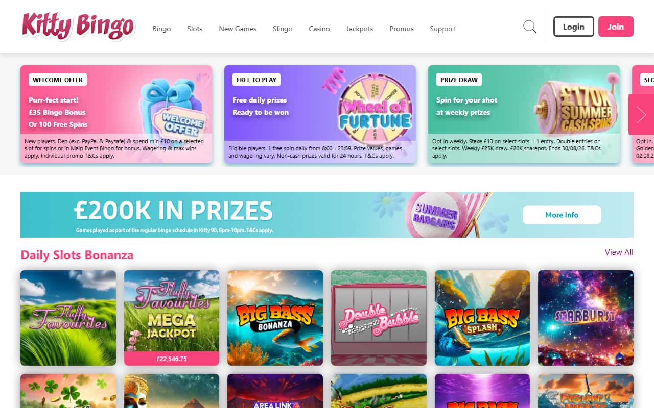 Kitty Bingo homepage showing the 35 pound bingo bonus or 100 free spins welcome offer