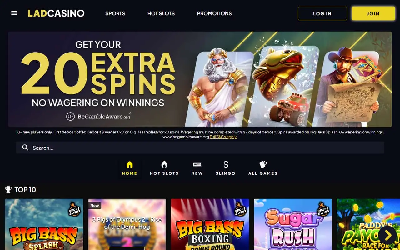 Lad Casino UK homepage showing sports and slots lobby