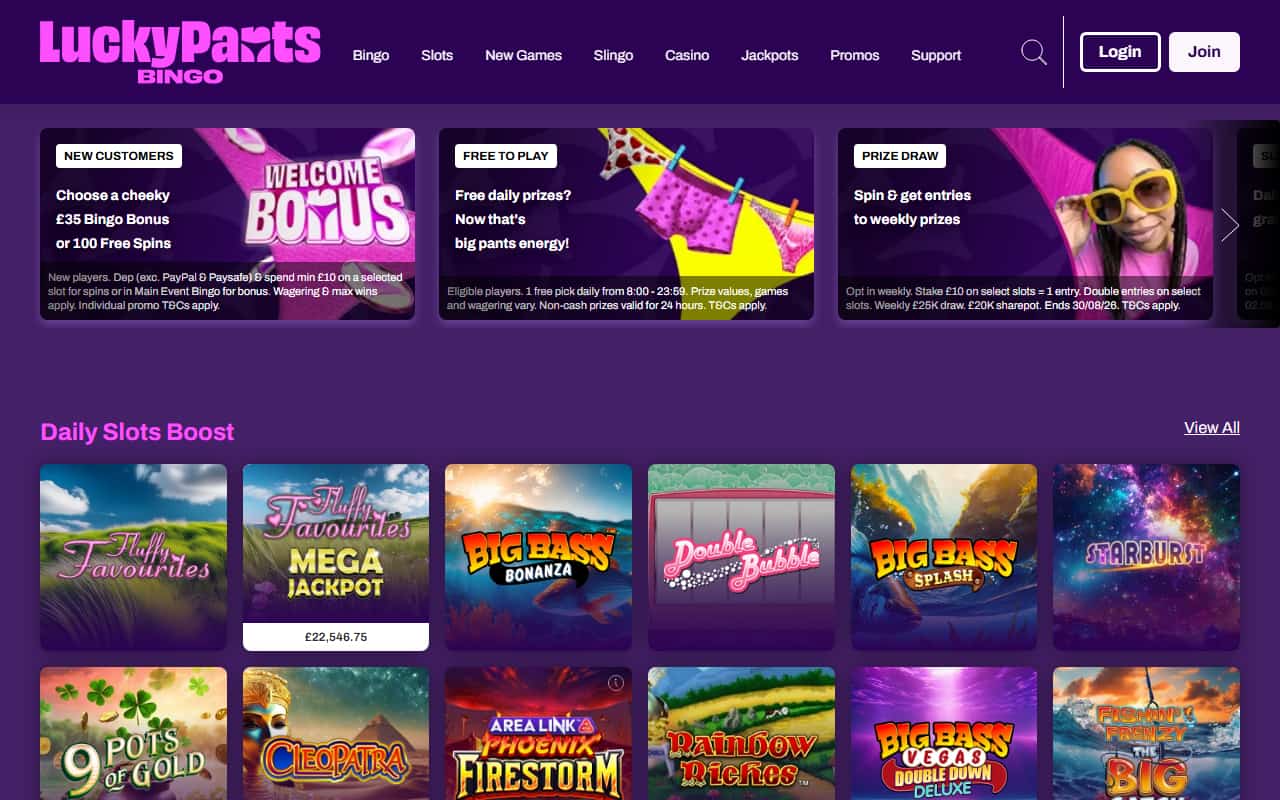 Lucky Pants Bingo homepage showing the 35 pound bingo bonus or 100 free spins welcome offer