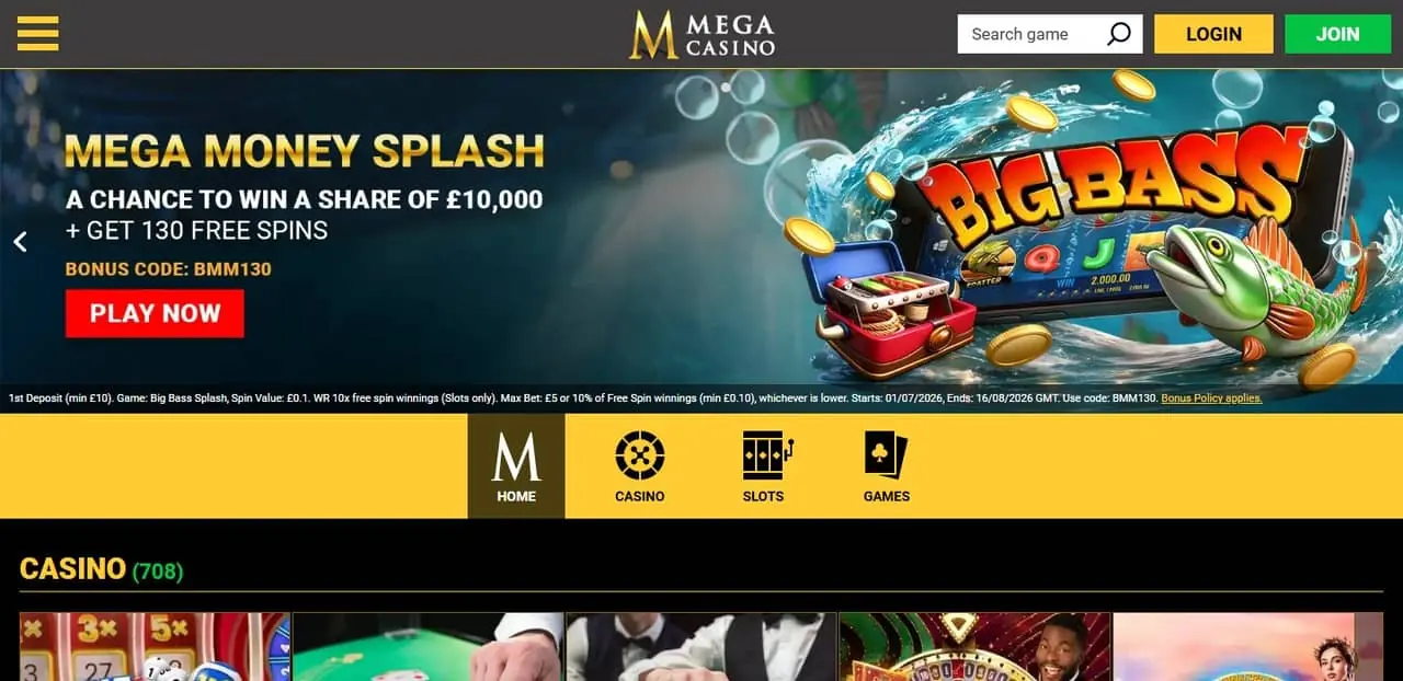 Mega Casino homepage July 2026 Mega Casino homepage showing its Money Splash promotion