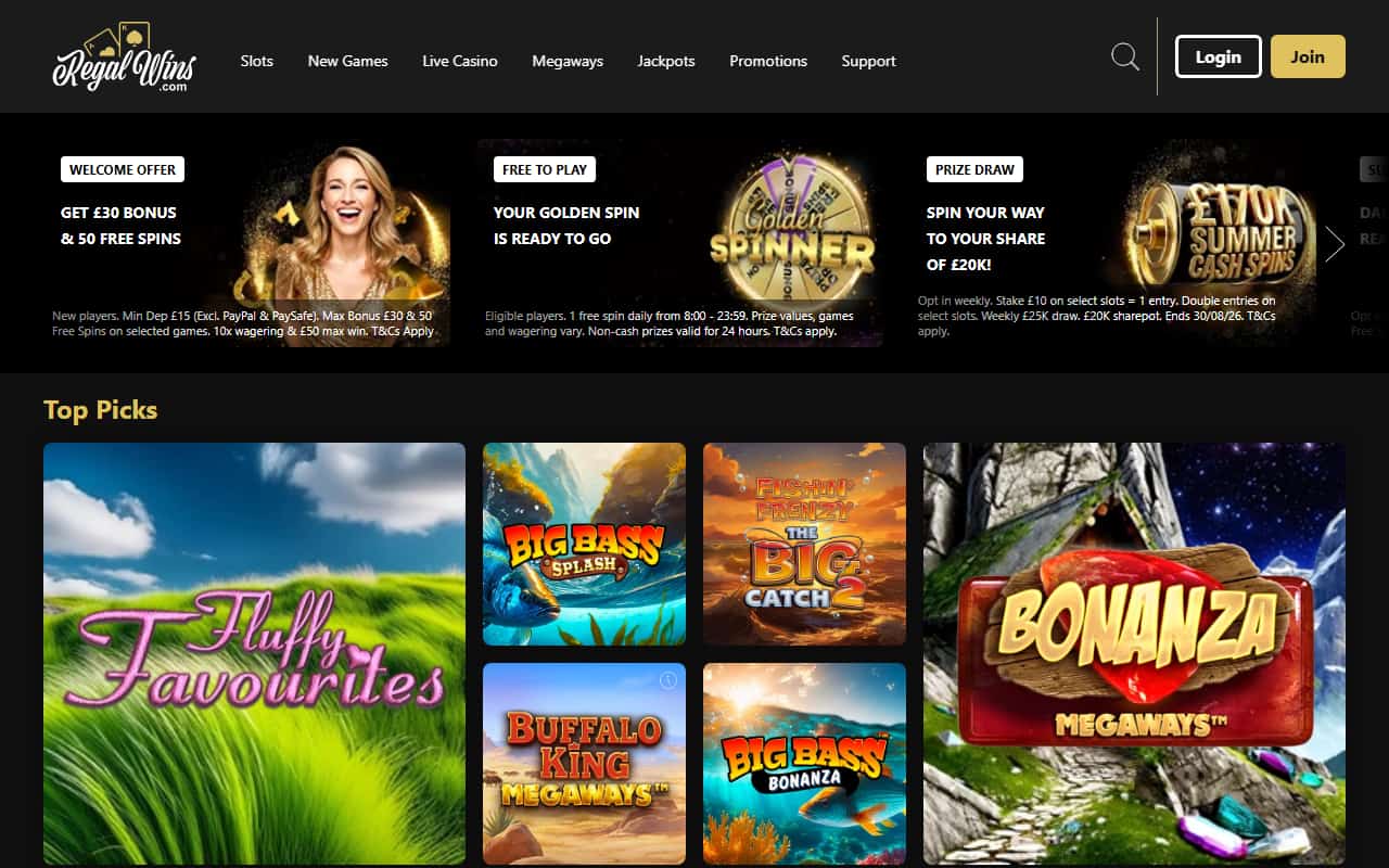 Regal Wins homepage showing the 30 pound bonus and 50 free spins welcome offer