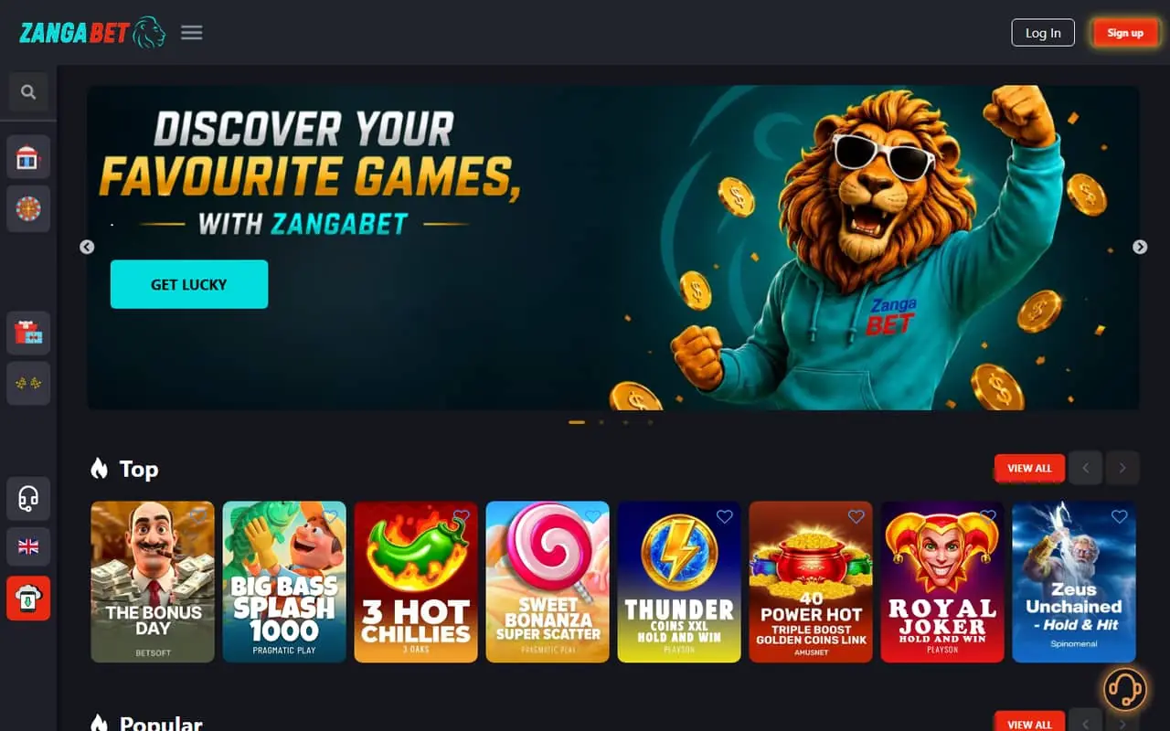 Zangabet casino homepage lobby captured July 2026