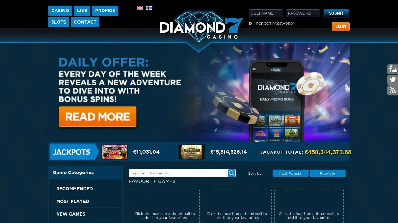 Diamond 7 Casino homepage