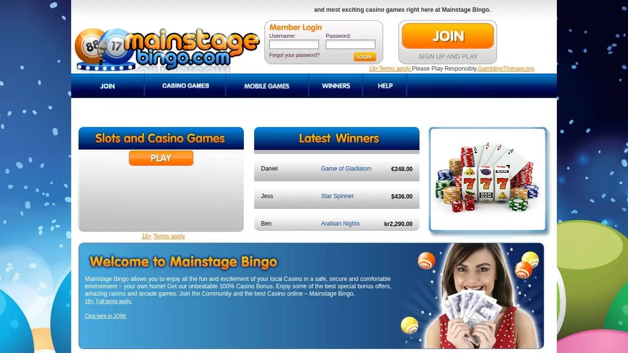 Mainstage Bingo homepage showing bingo and casino games with latest winners