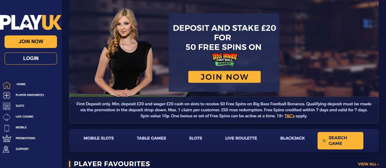 PlayUK homepage showing the deposit and stake 20 pounds for 50 free spins welcome offer