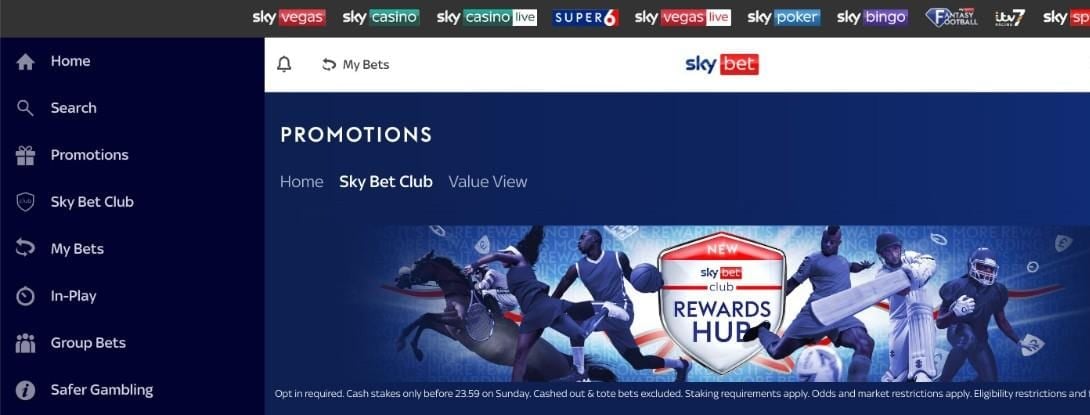 Sky Bet homepage screenshot showing the main navigation and the Sky Bet Club Rewards Hub promotion