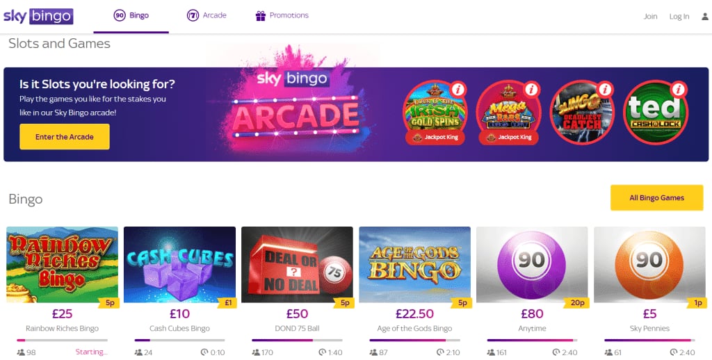 Sky Bingo lobby screenshot showing bingo rooms with prize pots and ticket prices