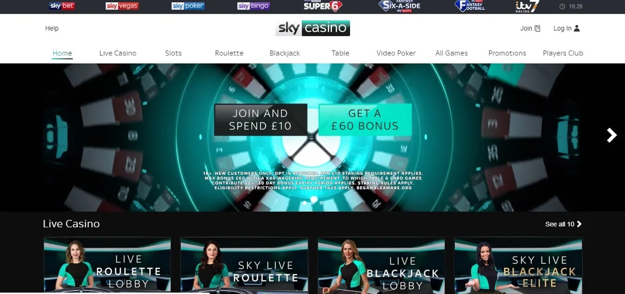 Sky Casino homepage screenshot showing the live casino lobby
