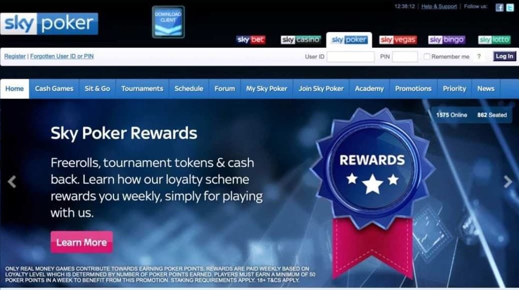 Sky Poker homepage screenshot showing the Sky Poker Rewards loyalty scheme