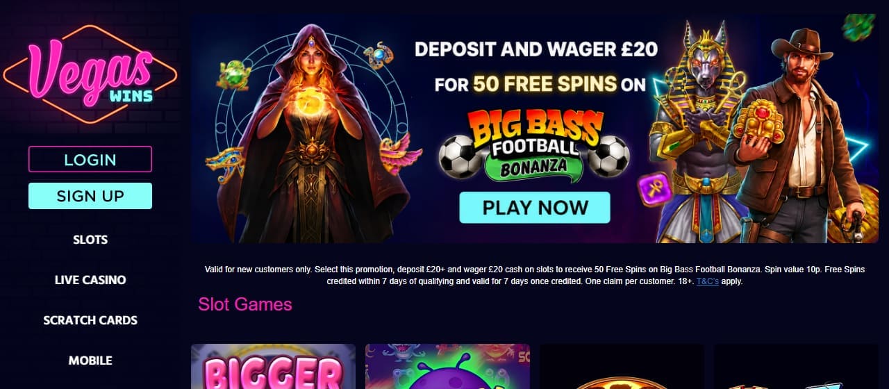 Vegas Wins homepage showing the deposit and wager 20 pounds for 50 free spins welcome offer