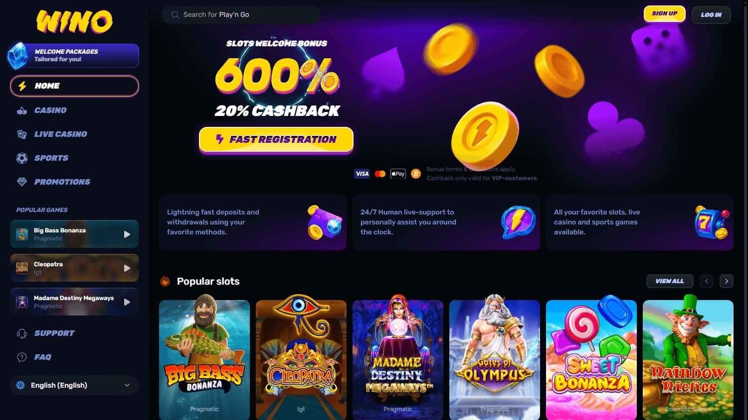 Wino Casino Homepage