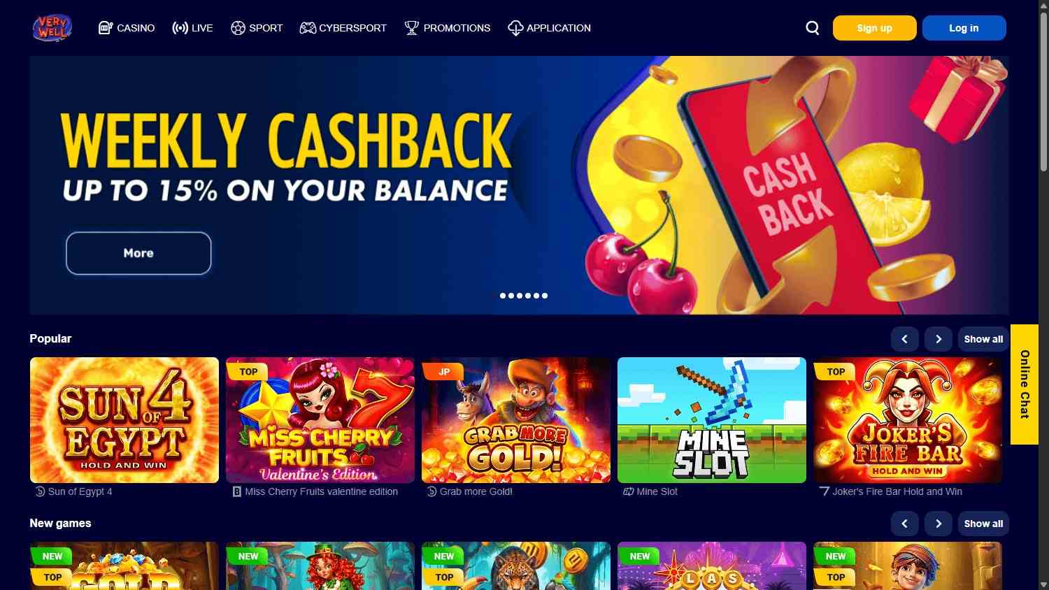 VeryWell Casino homepage
