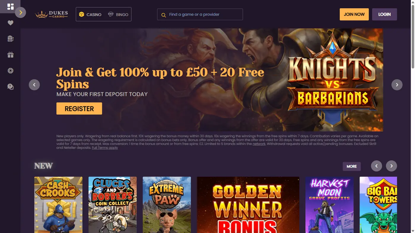 Dukes Casino homepage