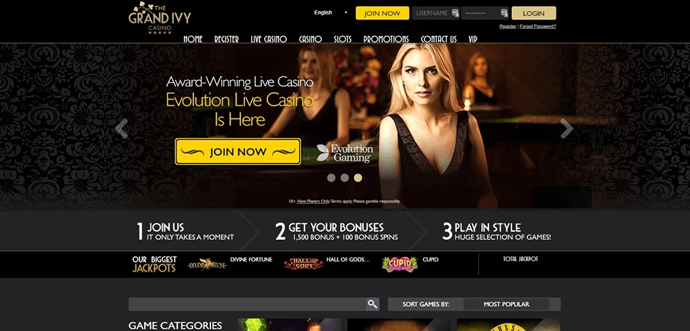 Grand Ivy casino homepage