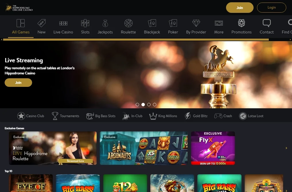 Hippodrome Online Casino homepage
